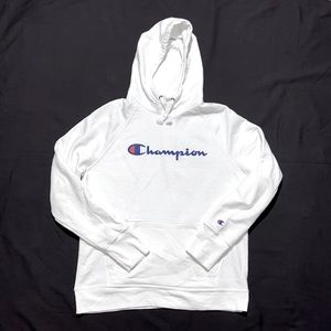 Champion White Hoodie Blue & Red Logo. Size Medium. Unisex.